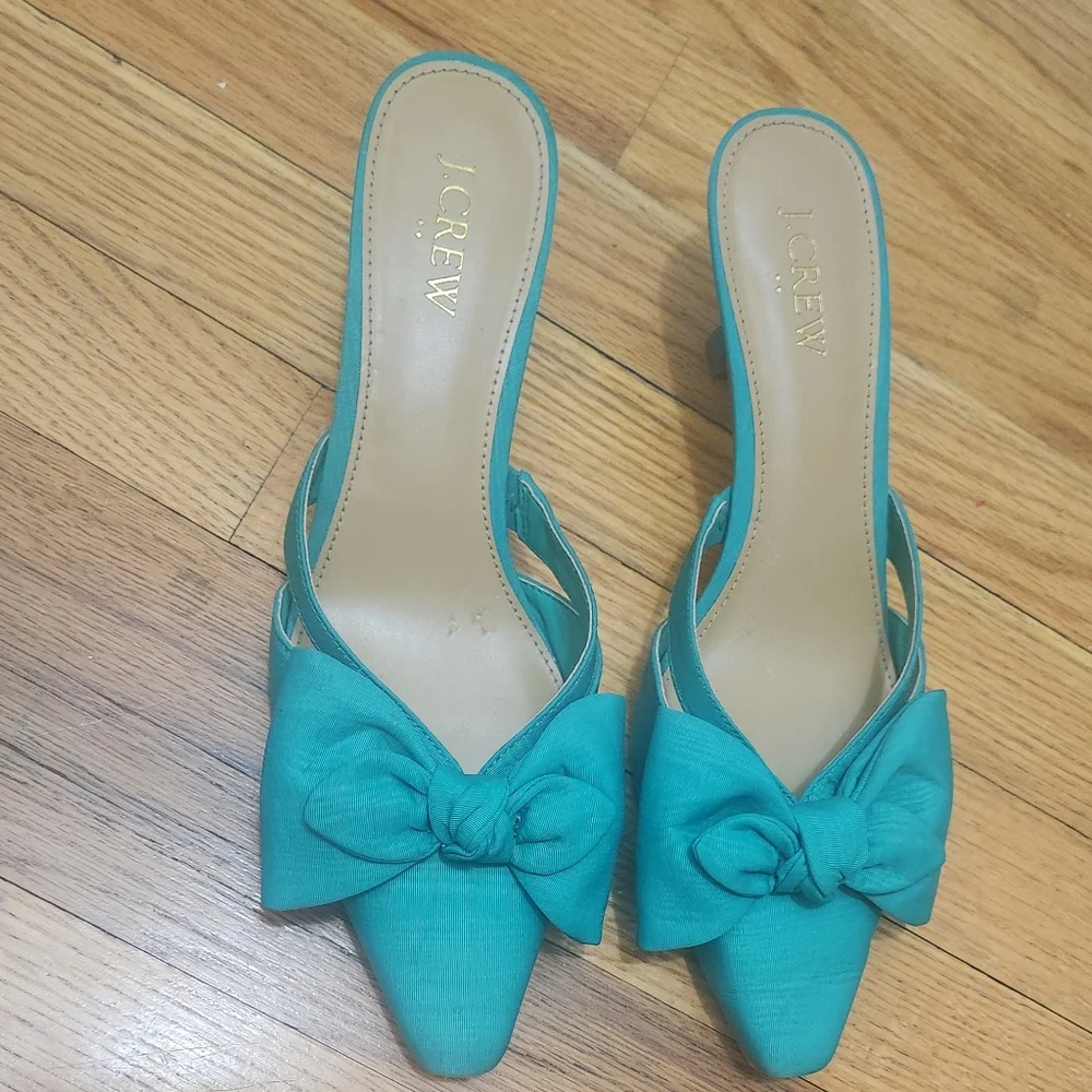J.Crew Women’s Size 8 Teal Bow Mule Heels Kitten Heel Slip-On Sandals Chic Dress - Picture 4 of 10